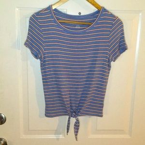 American Eagle Ribbed T-Shirt Blue Striped Tie Front Top Small